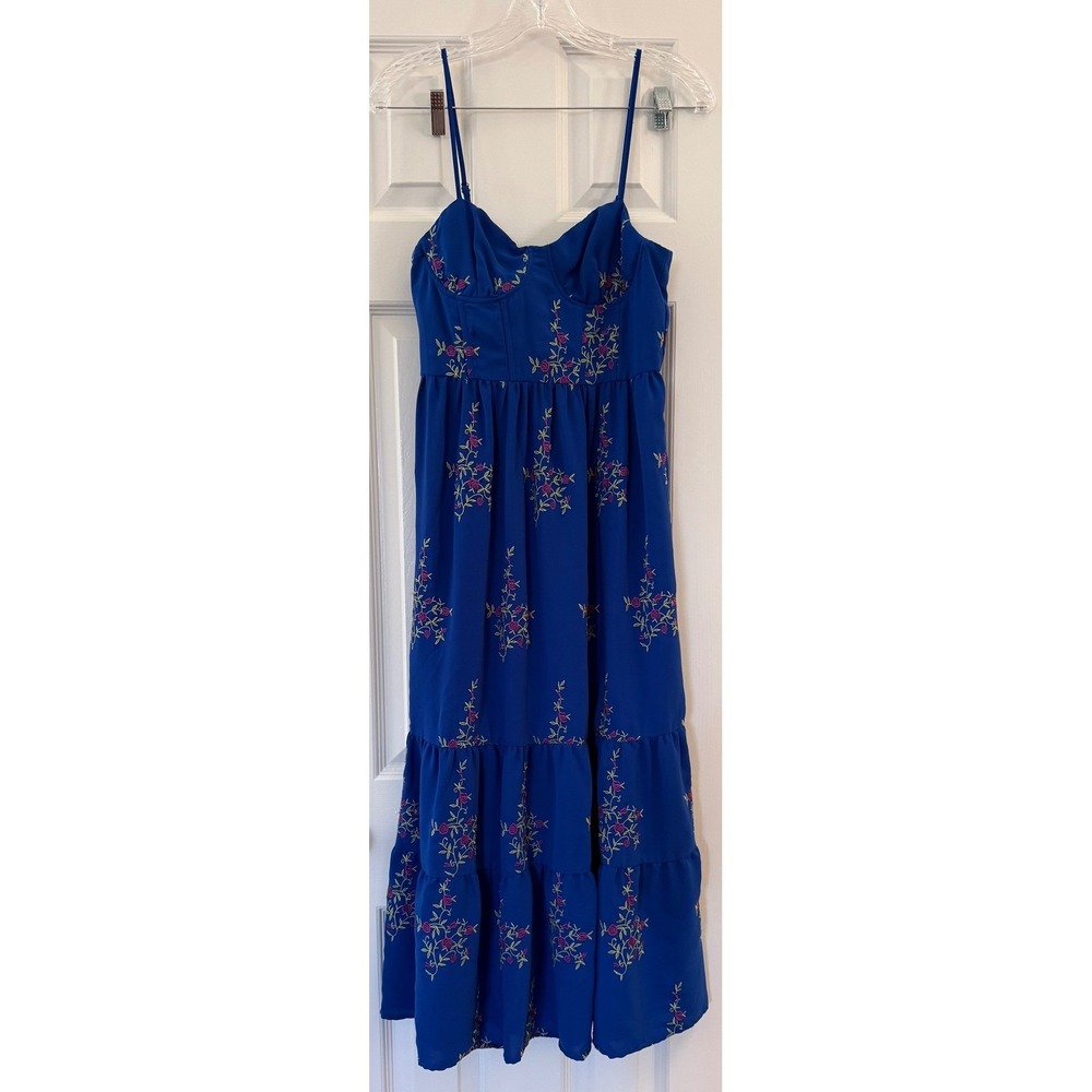 Betsey Johnson Blue Floral Embroidered Bustier Tiered Maxi Dress Size 2